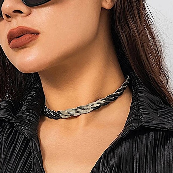 Twisted Sterling Silver Herringbone Choker Necklace - Picture 3 of 4